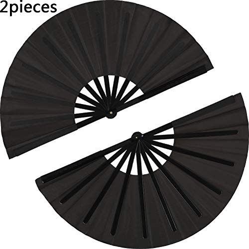 2 Pieces Large Folding Fan Nylon Cloth Handheld Folding Fan Chinese Kung Fu Tai Chi Fan Black Decoration Fold Hand Fan for Party Favors (Black)