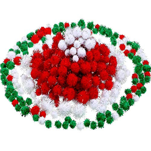 500 Pieces Christmas Pom Poms Assorted Glitter Pom Poms for Christmas DIY Crafts Party Decorations, 3 Colors