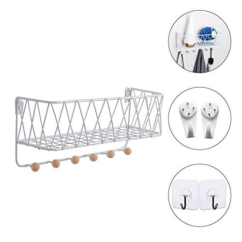 Grid Wall Shelf, Hanging Basket, Wire Wall Basket, Grid Basket With Hook, Wall Mount Organizer for Wall Grid, Wire Storage Shelf Rack for Home Supplies (White)