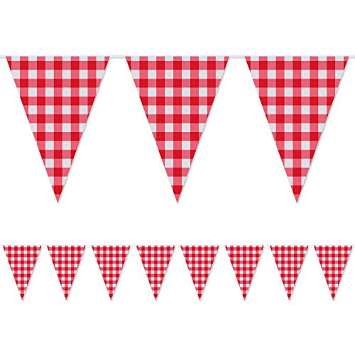 2 Pieces Large plastic Red and White Checkered Gingham pennant banner?Large Gingham Triangle Banner Red and White Banner for Picnic Birthday/Christmas Party Decoration Supplies-32.8 feet