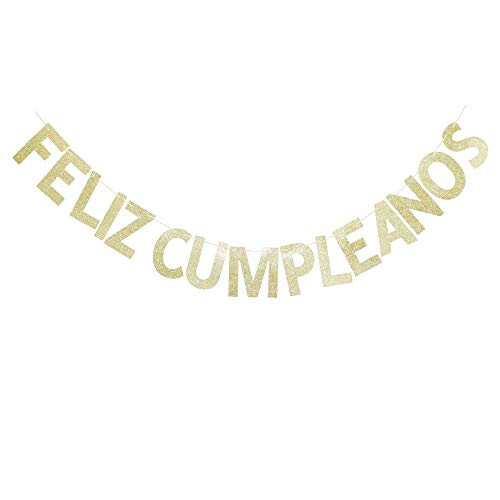 Feliz Cumpleanos Gold Glitter Banner for Fiesta Theme Party Decors, Spanish Happy Birthday Party Sign Supplies