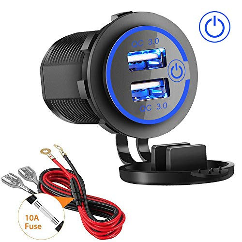 Quick Charge 3.0 Dual USB Charger Socket, Waterproof 12V/24V QC3.0 Dual USB Fast Charger Socket Power Outlet with Touch Switch for Car Marine, Boat, Motorcycle, Truck and More(QC3.0-Blue)