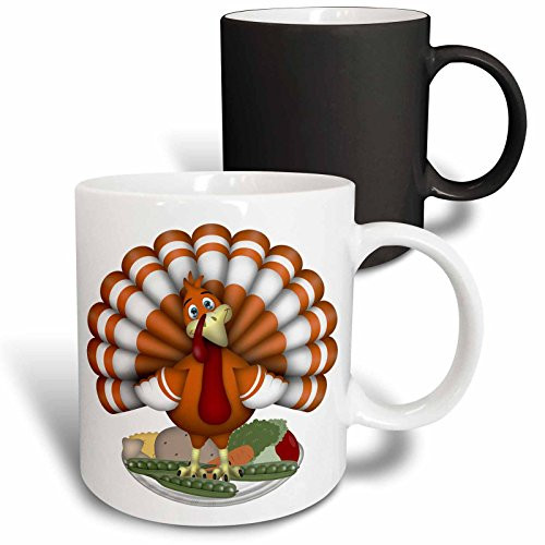 3dRose Cute Large Orange Thanksgiving Turkey On Vegetables Magic Transforming Mug, 11 oz, Black/White