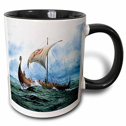 3dRose Viking Ship Two Tone Mug, 11 oz, Black/White
