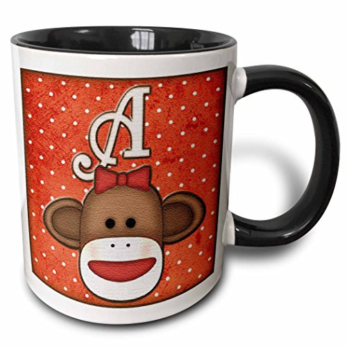 3dRose Cute Sock Monkey Girl Initial Letter A Two Tone Mug, 11 oz, Black/White