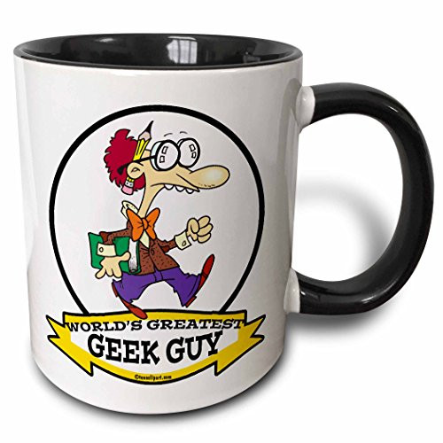 3dRose Funny Worlds Greatest Geek Guy Cartoon Two Tone Mug, 11 oz, Black/White