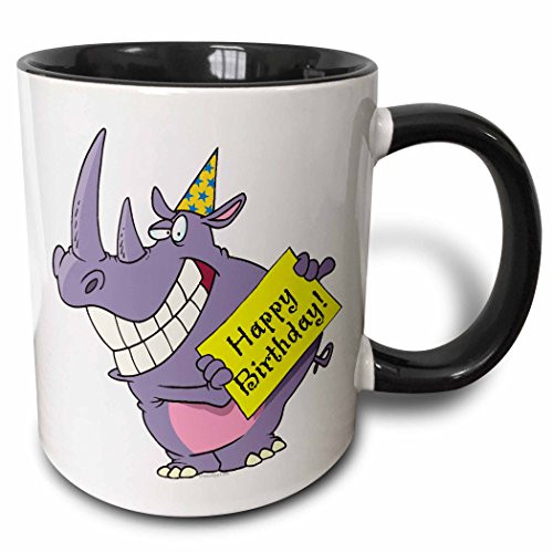 3dRose Happy Birthday Party Rhino Cartoon Two Tone Mug, 11 oz, Black/White