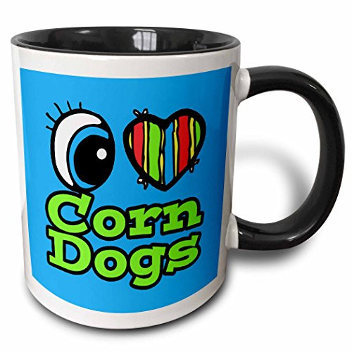 3dRose Bright Eye Heart I Love Corn Dogs Two Tone Mug, 11 oz, Black/White