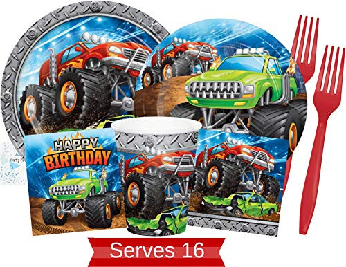 Monster Truck Party Supplies and Decorations - Monster Truck Party Plates and Napkins Cups & Forks for 16 People - Perfect Monster Truck Birthday Party Decorations and Monster Jam Party Supplies!