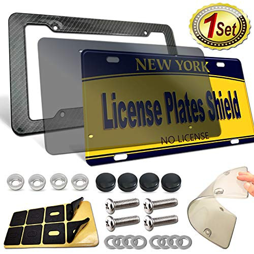 ZXFOOG License Plate Frame Cover Kit- Carbon Fiber Plate Holder Plastic, Flat Smoked Tinted Novelty Plate Cover, Unbreakable Shield to Protect Car Tag, Stainless Steel Screws, Caps, Rattle Proof Pad
