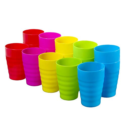 Plaskidy Kids Cups - Set of 15 Reusable Plastic Cups- 15 oz Drinking Cups for Kids - BPA Free Cups Top Rack Dishwasher Safe Cups - Assorted Colored Cups - Great Plastic Cups For Kids - Party & Picnic