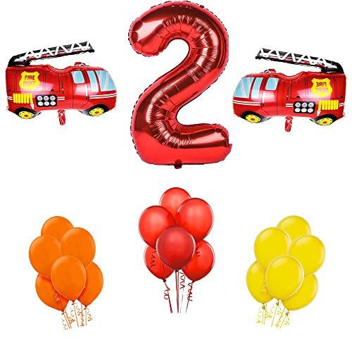Second Birthday Fire Truck Theme Balloons with 2 Fire Truck 30" Foil Balloons, 12" Latex Red, Yellow and Orange Balloons and 40" Red Number 2 Balloon. Total 39ct