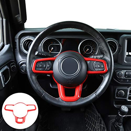 JeCar Steering Wheel Trim Cover ABS Interior Decoration Accessories for 2018 2019 2020 Jeep Wrangler JL JLU & 2020 Jeep Gladiator JT, Red