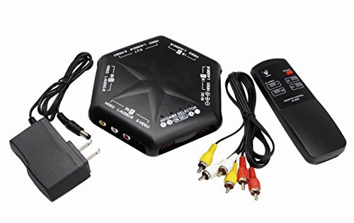 RCA Splitter with 4-Way Audio Video，4 Port Input 1 Output Audio Video AV RCA Switch 4 ways Selector Splitter Box for DVD STB Game Consoles (4 in 1 out-remote control)