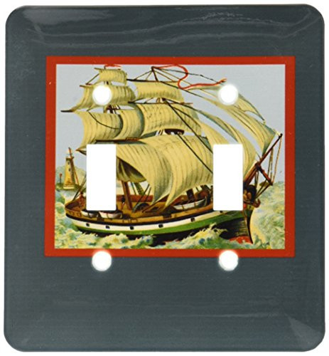 3dRose lsp_170666_2"Sailing Ship With Red, White Black And Green With Lighthouse On Shore" Double Toggle Switch Multicolor