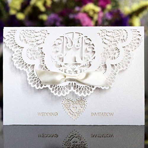 Wedding Invitations Cards,Benbilry 20x Elegant White Laser Cut Wedding Invitations Cards with Hollow Flora Favors,Printable Cardstock and bow Silk Ribbon for Engagement Wedding Marriage Bridal Shower