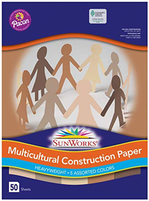 Pacon SunWorks 9512 Multicultural Construction Paper, 12" x 18", 5 Assorted Colors, 50 Sheets