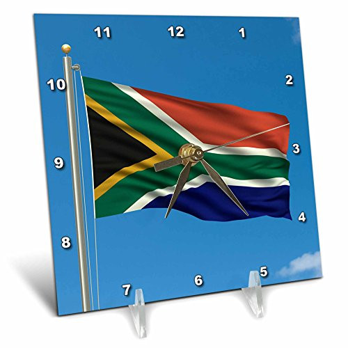 3dRose dc_157075_1 Flag of South Africa on a Flag Pole with Blue Sky African Desk Clock, 6 by 6-Inch
