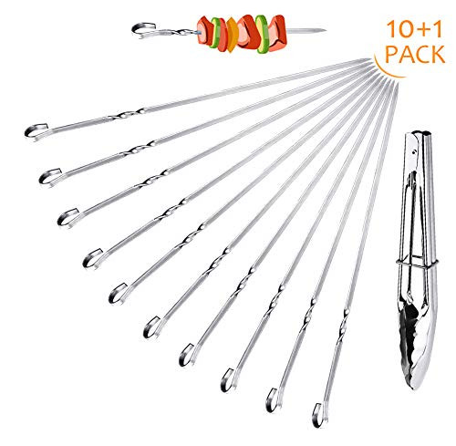 Metal Skewers for Grilling, Kabob Skewers Flat Metal BBQ Barbecue Skewer Stainless Steel Skewer, Wide Reusable Shish Kebab Skewers Grilling Skewers for Meat Chicken Shrimp Vegetable (15 Inch)