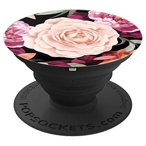 Floral - Pink Rose Purple Flowers Print On Black PopSockets Grip and Stand for Phones and Tablets