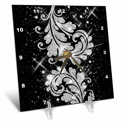 3dRose dc_41094_1 Floral Glitter Swirls Silver Desk Clock, 6 by 6-Inch