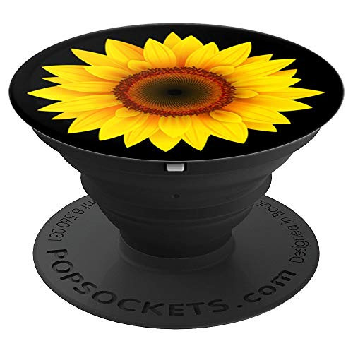 Sunflower Yellow Sun Flower Decor Girasol Black Background PopSockets Grip and Stand for Phones and Tablets