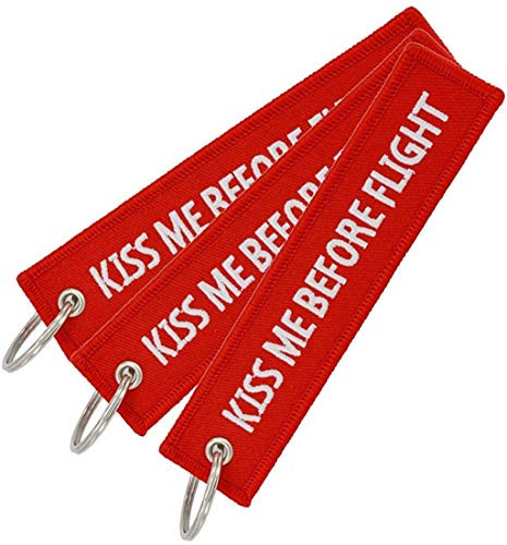 Pack of 3 Kiss Me Before Flight, Aviation Keychain, Letters Key Tags Luggage Tag Embroidered Keychain for Aviation, Gifts, Car Key, Bag Hanging Decor (RED)
