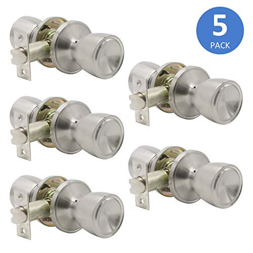 Satin Nickel Passage Door Knobs Handles for Hall or Closet Lockset Keyless Hardware Interior Tulip Shape Knobset 5 Pack