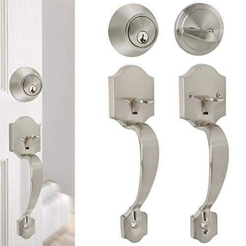 Single Cylinder HandleSet with Door Handle (for Entrance and Front Door) Reversible for Right and Left Handed and a Single Cylinder deadbolt Handle Set Satin Nickel Finish