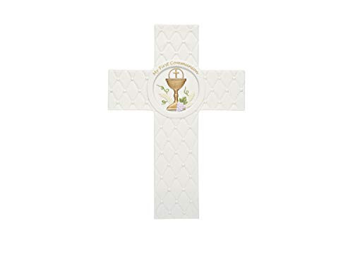 Roman - My First Communion Cross, Traditional Chalice Design, First Communion Collection, Wall, 8.25" H, Quilted Pattern White Finish, Porcelain, Decorative
