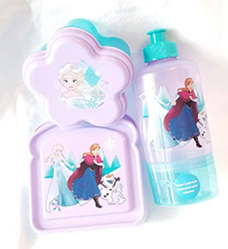 Frozen Anna and Elsa Purple and Blue Sandwich Container, Water Bottle with Attached Snack Cup, and Snack Container Lunch Box 3 Piece Set