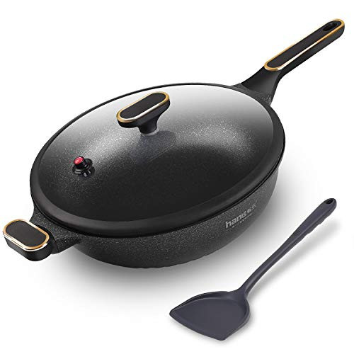KYTD Nonstick Woks and Stir Fry Pans with Glass Lid Skillet Wok Pan for Induction, Electric & Gas Stoves - 12.6 Inch PFOA Free KYTD Nonstick Woks and Stir Fry Pans with Glass Lid Skillet Wok Pan for Induction, Electric & Gas Stoves - 12.6 Inch PFOA Free