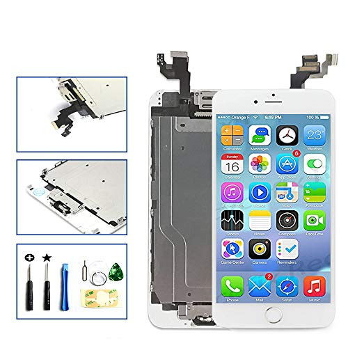 with Front Camera Facing Proximity Sensor Earpiece Speaker Home Button Full Assembly Digitizer Display LCD Screen Replacement for iPhone 6 Plus 5.5 Inch White