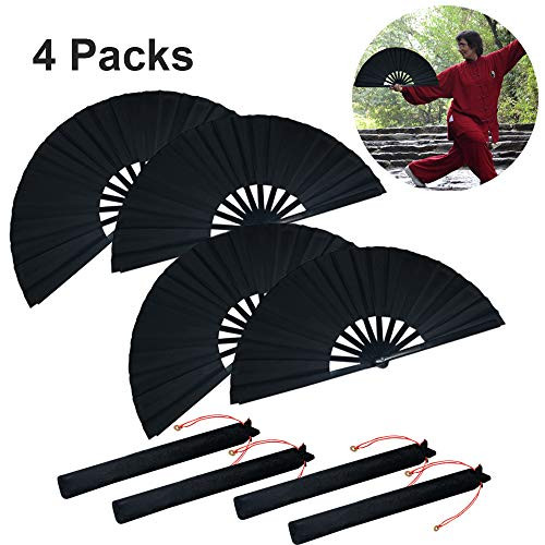 Large Folding Hand Fan Rave Folding handheld fans Silk Hand Fans Chinese Tai Chi Foldable Handheld Fans Dance Fan for Men and Women Performance, Dance, Decorations, Festival, Gift (Black, 4-Packs)