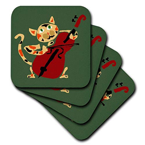 3dRose Funny Calico Cat Playing Red Cello - Soft Coasters, Set of 8 (CST_200538_2)