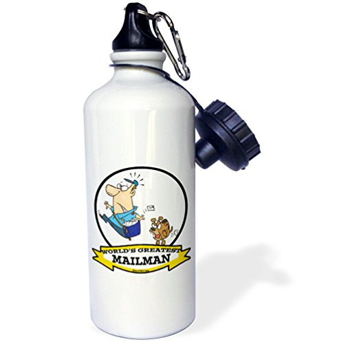 3dRose wb_103332_1"Funny Worlds Greatest Mailman II Occupation Job Cartoon" Sports Water Bottle, 21 oz, White