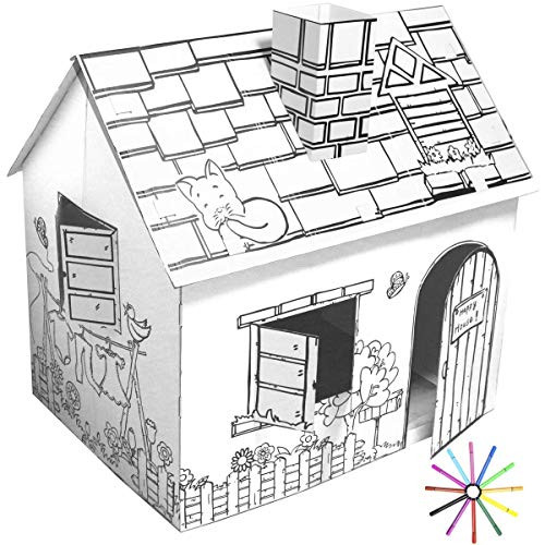 FUNTRESS Cardboard Playhouse for Kids with Markers to Color Gift for Children (49.2x35.5x52/34.2 Inch)