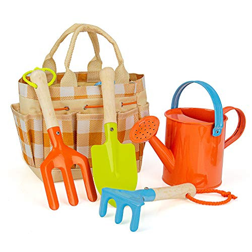 MoTrent Children Gardening Tools Set, 5 PCS Kids Garden Tool Toys Including Watering Can, Shovel, Rake, Trowel and Garden Toe Bag