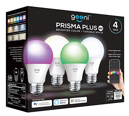 Geeni Prisma Plus 800 Wi-Fi LED Smart Light Bulb (4-Pack), 2700-6500K Tunable White, Dimmable, A19 60W, No Hub Required, Light Bulb Compatible with Alexa, Google Assistant