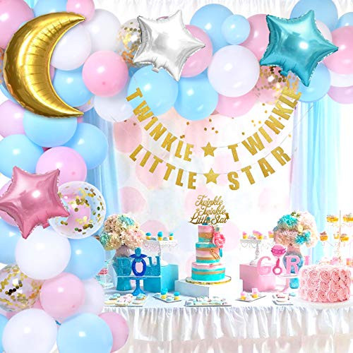 Gender Reveal Balloon Garland Kit Pink Blue Gold Moon Star Balloons Twinkle Twinkle Little Star Banner Cake topper Twinkle Baby Shower Decorations for Boy Girl