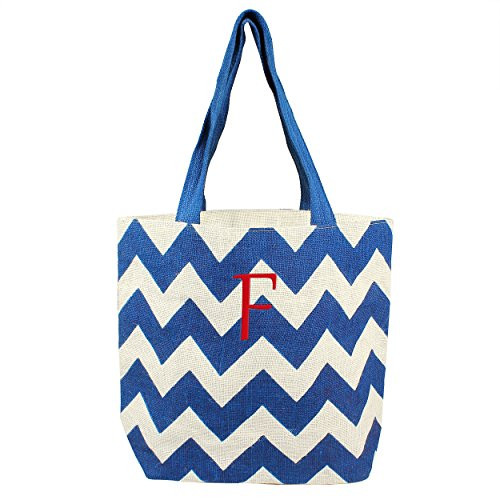 Cathy's Concepts Personalized Chevron Parchment Jute Tote Bag, Blue, Letter F