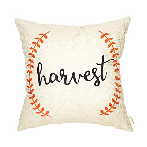 Fahrendom Thanksgiving Day Rustic Harvest Pumpkin Orange Olive Branch Farmhouse Style Fall Autumn Sign Cotton Linen Home Decorative Throw Pillow Case Cushion Cover with Words for Sofa Couch 18 x 18 In