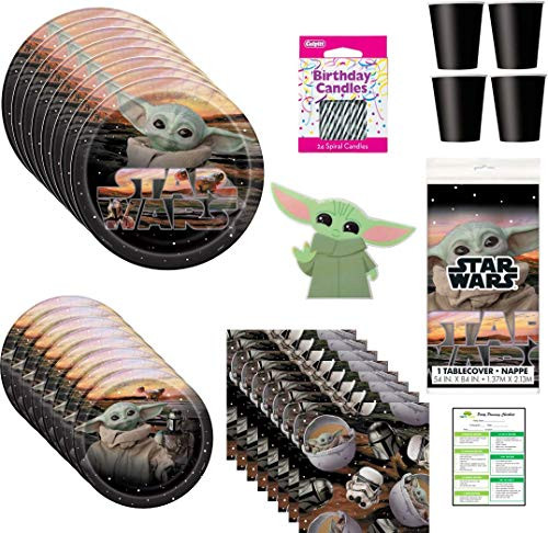 Star Wars Baby Yoda Birthday Party Supplies Pack: Big/Small Plates, Cups, Napkins, Table Cover, Cake Lay-on, Candles - 16 Guests