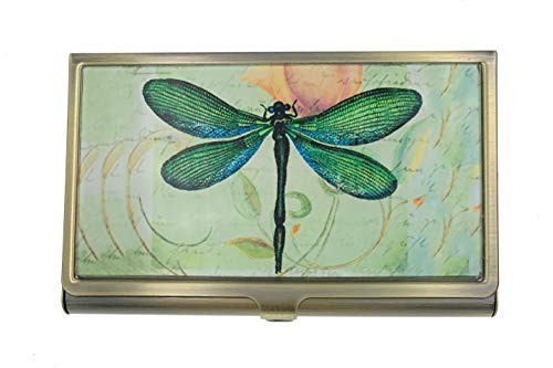 Value Arts Green Dragonfly Business Card Case, Brass and Glass