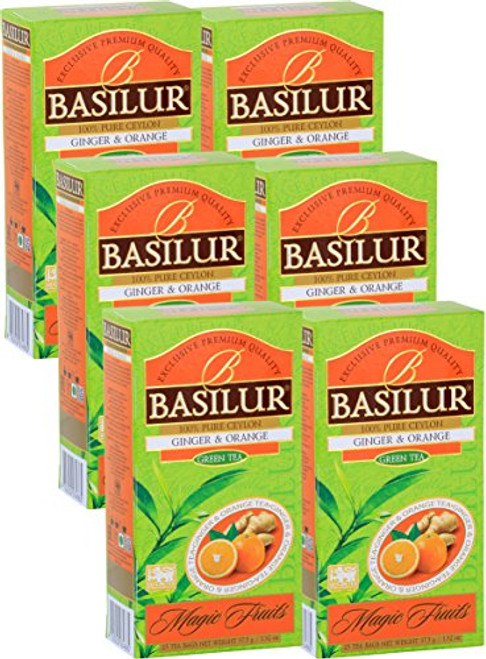 Basilur | Ginger & Orange Green Tea | Single Origin Pure Ceylon Green Tea | Garden Fresh & Antioxidant Rich | 25 Ct String & Tag Teabags | Pack of 6