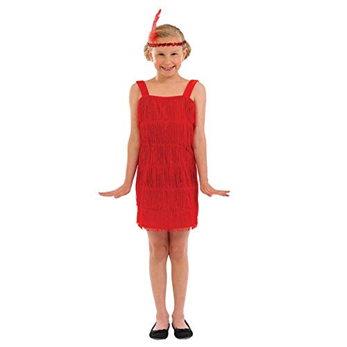 Kids 20s Flapper Girl Costume Childrens Decades Fringed Red Dress - X-Large
