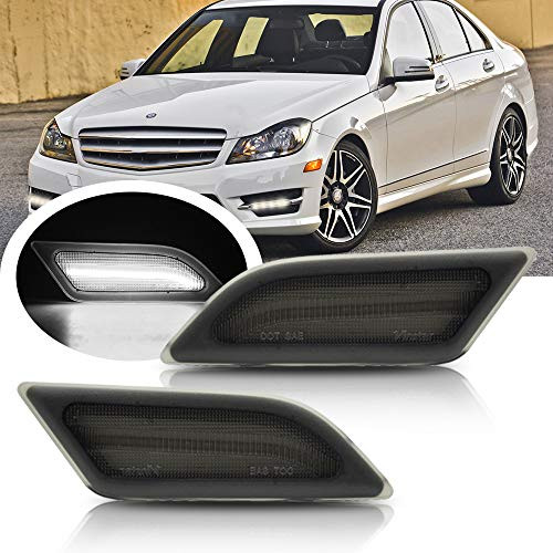 Smoke Lens White Full LED Front Side Marker Light Kit for 2012 2013 2014 Mercedes Benz Pre-LCI W204 LCI C250 C300 C350 C63 AMG Coupe Base Sedan 4-Door OEM Side Marker Lamps Replacement