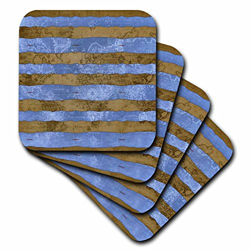 3dRose CST_33718_2 Gold and Blue Map of The World Stripes Art-Soft Coasters, Set of 8