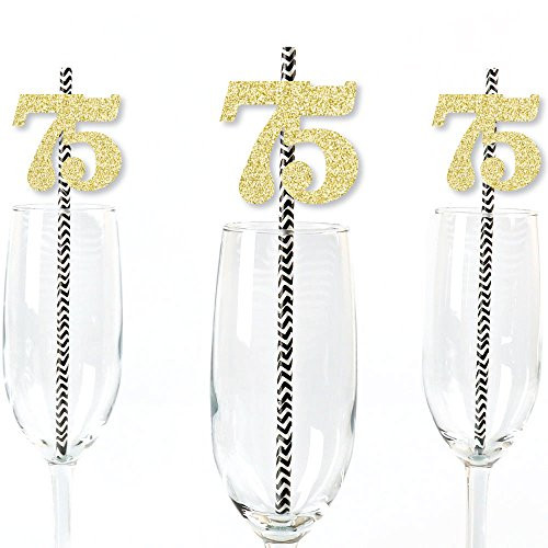 Gold Glitter 75 Party Straws - No-Mess Real Gold Glitter Cut-Out Numbers & Decorative 75th Birthday Party Paper Straws - Set of 24