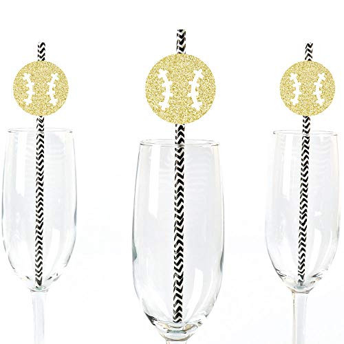 Gold Glitter Baseball Party Straws - No-Mess Real Gold Glitter Cut-Outs and Decorative Baby Shower or Birthday Party Paper Straws - Set of 24